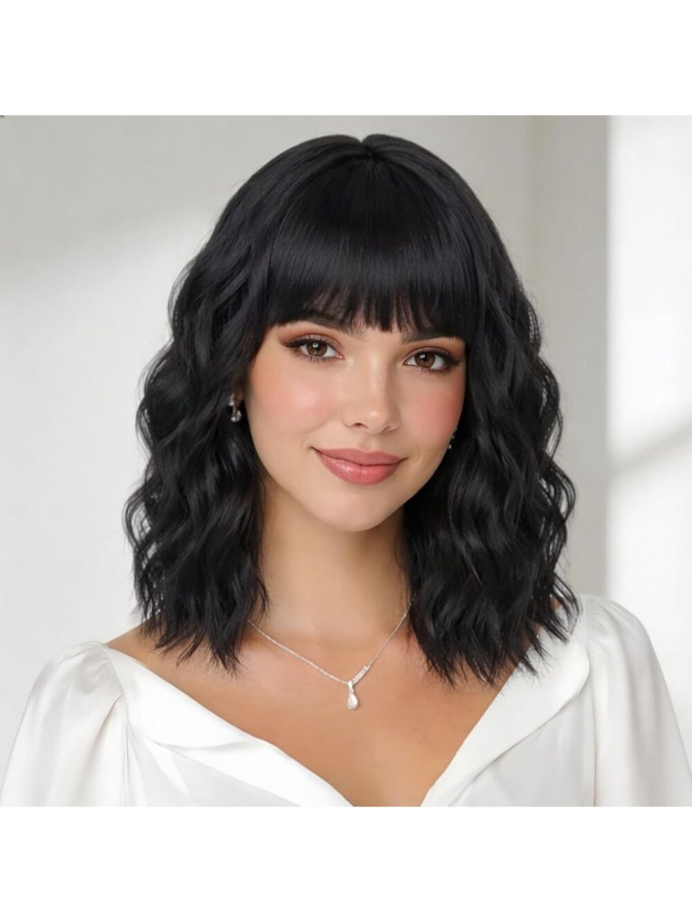 Women's Black 14 Inch Heat Resistant Synthetic Fiber Shoulder Length Wigs